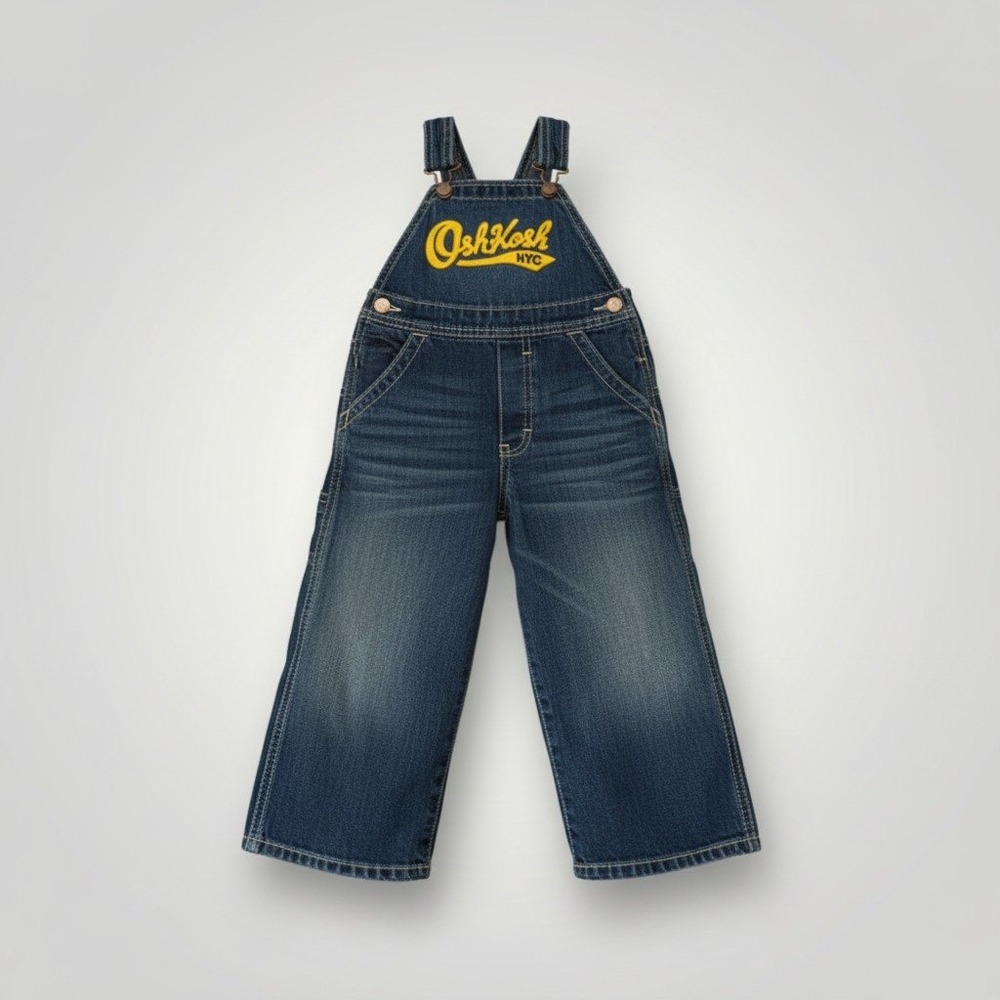 OshKosh Denim Overalls Toddler 2T Blue Embroidered Yellow Logo Classic Playwear